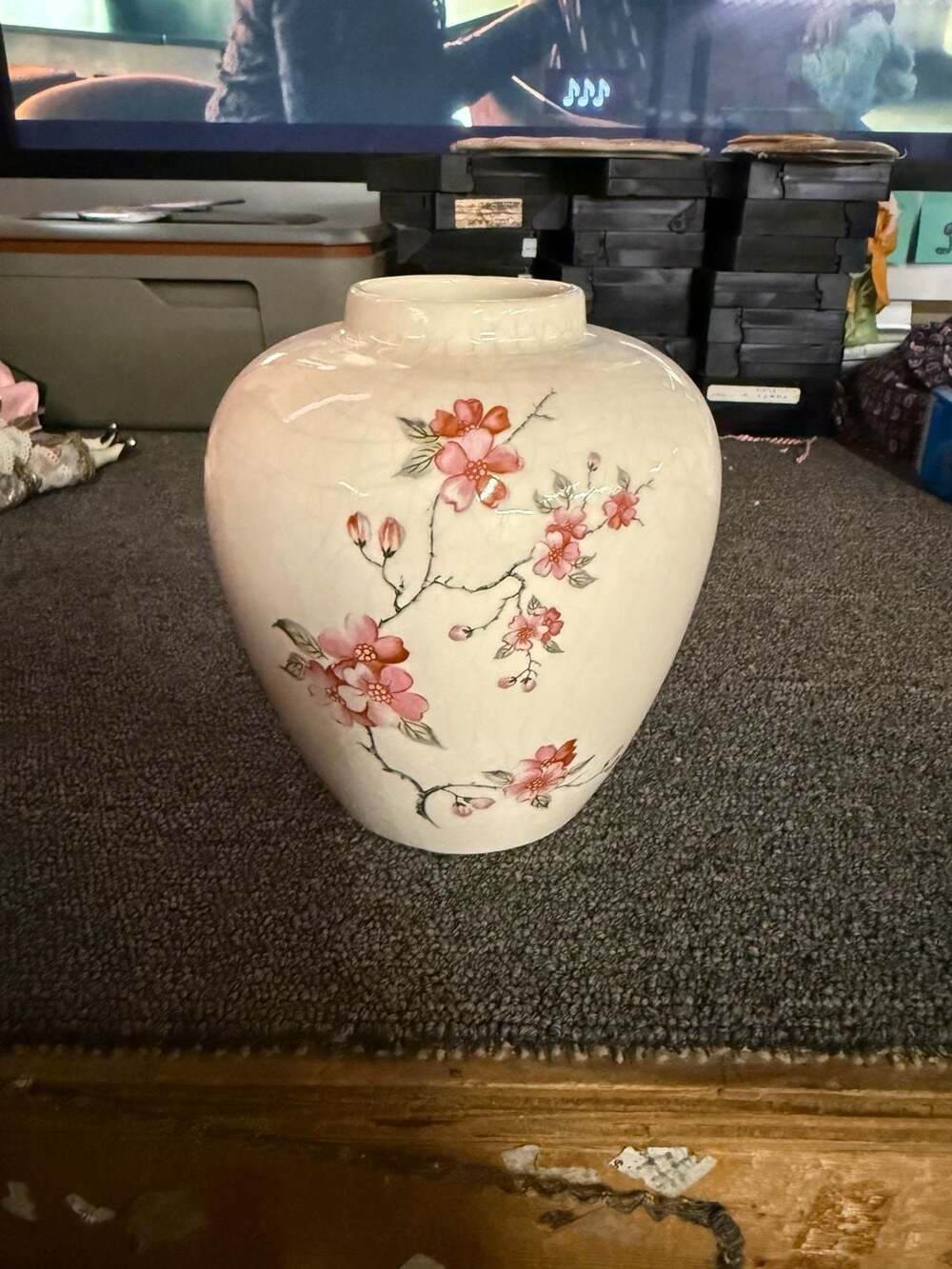 Vintage Crackle Glaze Porcelain Ginger Jar Vase with Cherry Blossom Floral Desig